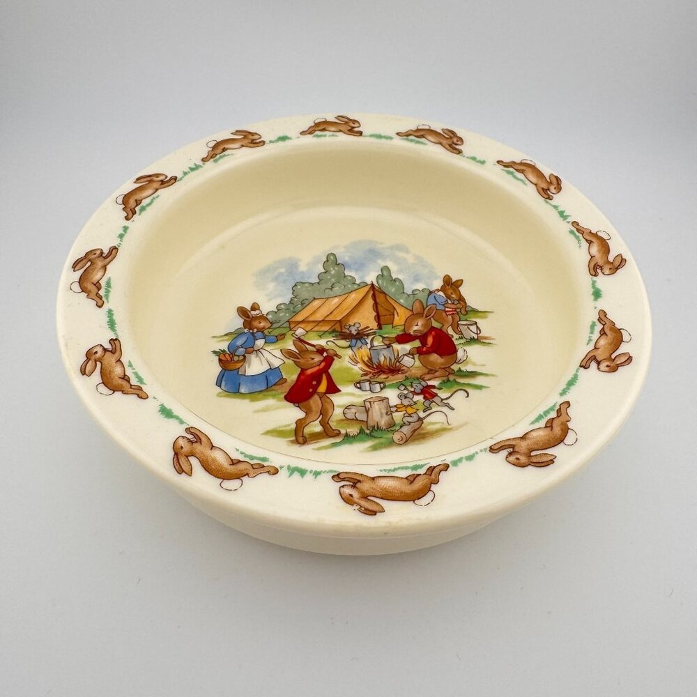 Bunnykins Royal Doulton English Fine Bone China Bowl Family Camping Scene
